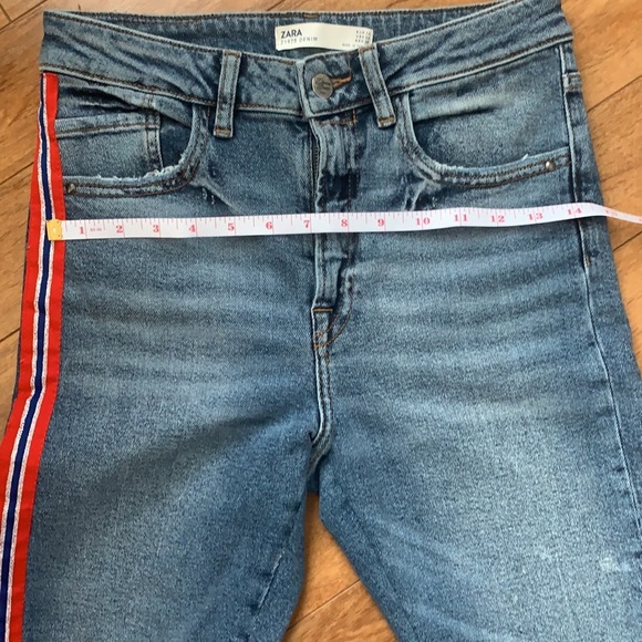 3/$25 ‼️ Zara Z1975 Denim High Waist Jeans Red & White Racing Stripe, Distressed - Picture 10 of 11